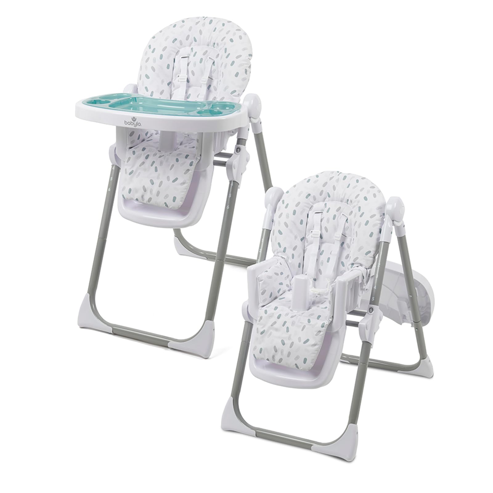 Babylo Hi Lo Chaise haute et chaise junior, 6 hauteurs, 3 positions d'inclinaison, plateau amovible à 2 couches et harnais de sécurité à 5 points de 6 mois à 15 kg