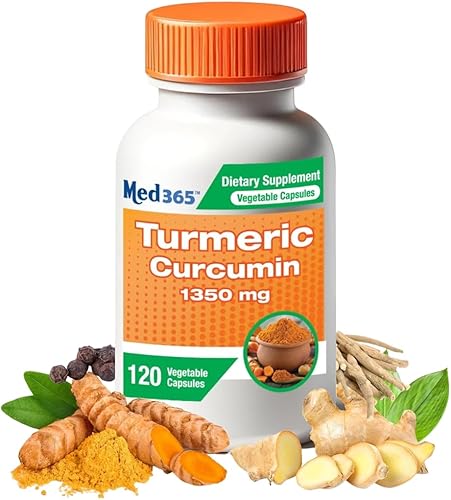 Med365 Curcumina de cúrcuma de 1200 mg y 95% de extracto de 150 mg con pimienta negra, jengibre y extracto de raíz de Ashwagandha, vegano, sin OMG,
