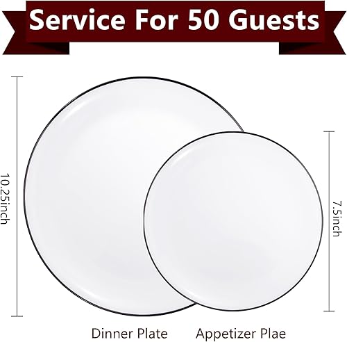 Miniatura 2 de ejonirinjonir EI 100 platos de plástico blanco y negro, platos de plástico para fiesta, platos llanos de plástico con borde negro, platos de