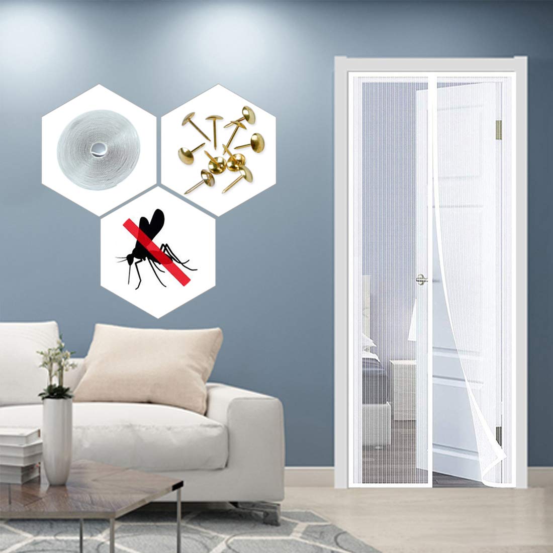 Amazon Co Jp 磁気ドアスクリーン 1x230cm 47x91inch ポータブルスクリーンドア 強化された磁石 Keep Bugs Fly Out フレンチドア用メッシュカーテンパティオドア 白 ホーム キッチン