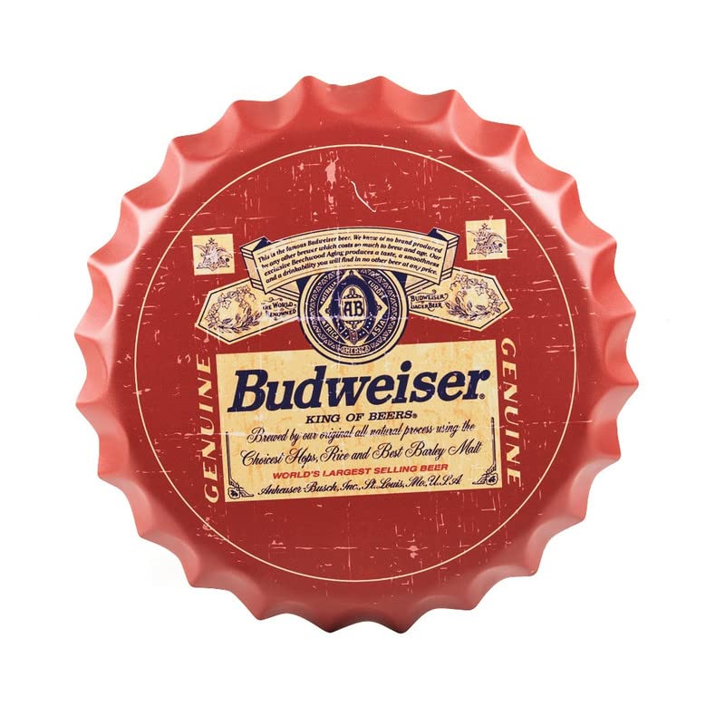 Image of EAZYWAGON Decorative Metal Bottle Caps Wall Sign Plates - 14X14 Inches - Budwe Beer Brand Sign Yellow | Metal Wall Hanging Bottle Cap for Home, Farmhouse, Bar & Cafe | Vintage & Retro Look Plaques