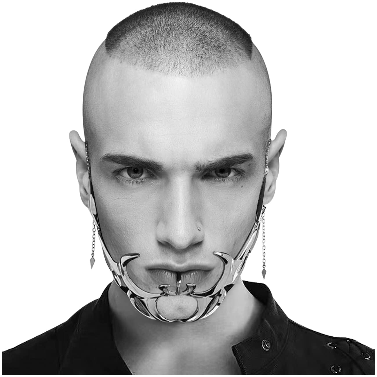 L'VOW Unisex Cyber Punk Liquid Silver Steel Half Mask Y2K Luxury Irregular Jewelry Face Chain Cyborg Earring Accessories