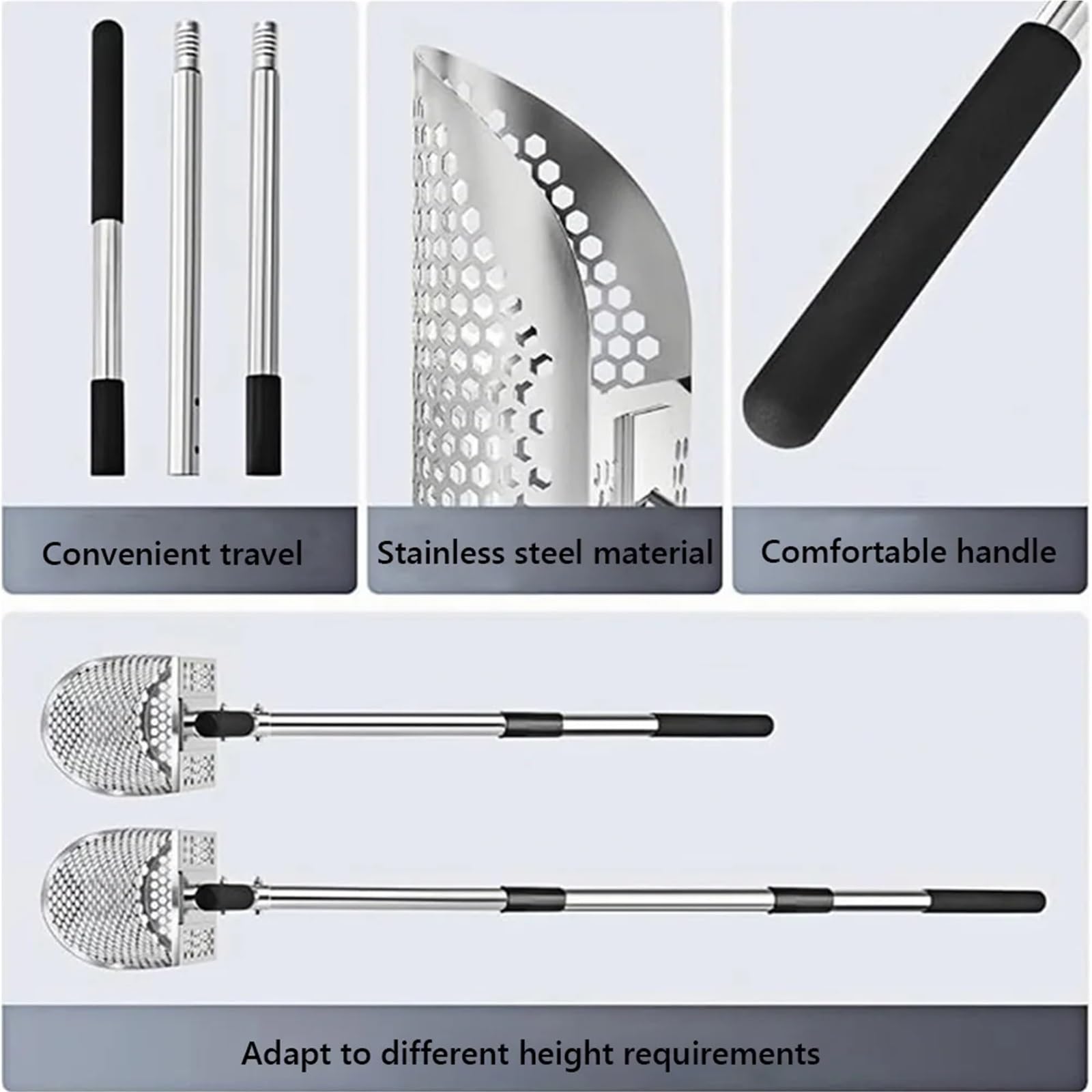 Rastrillo per pulci di sabbia Paletta for sabbia in acciaio inossidabile, pala for metal detector, manico regolabile in lunghezza, da scavo, for setacciatura rapida