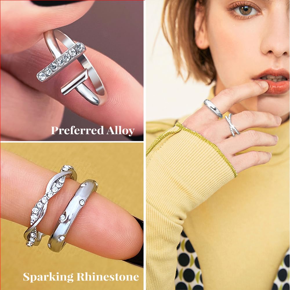 KISS WIFE Golden Stackable Knuckle Rings Set for Women, Boho Trendy Dainty Midi Rings Pack Sparkling Aesthetic Women's Stacking Rings Bulk Costume Jewelry: Silvery-Sparking