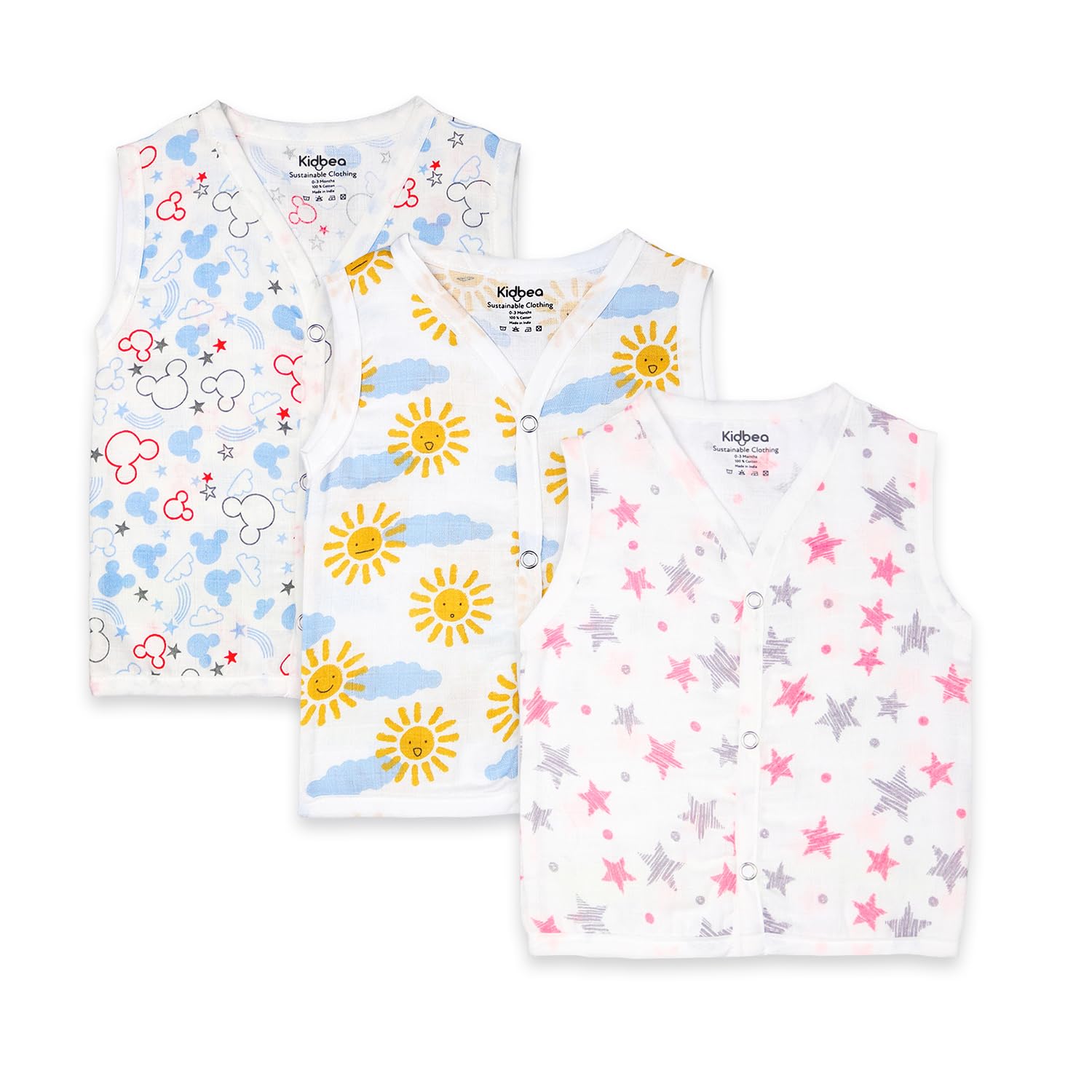 Kidbea Newborn Baby Muslin Cotton Jhabla Vest | Soft Lightweight Cute Printed Baby Clothes with Button Closure | Sleeveless Summer Wear