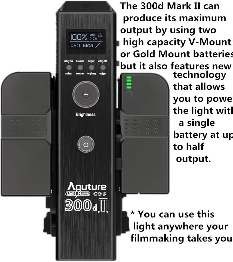 The control box of the Aputure LS C300d II with V-mount batteries attached, showing power options.