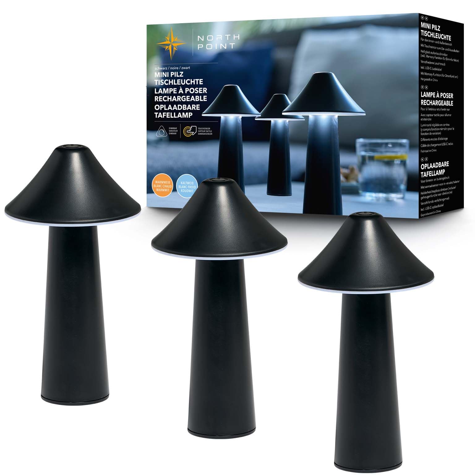 Northpoint Modern LED Battery Table Lamp in Mushroom Shape Set of 3 for Indoor and Outdoor Use Infinitely Dimmable USB Charging CCT Colour Changing (Black, Tent Shape)