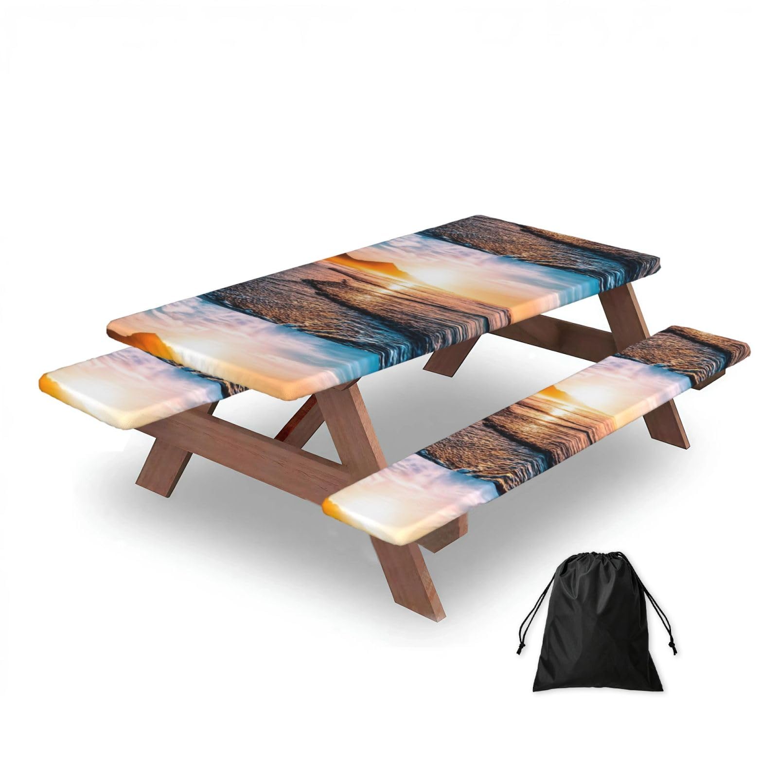 Dopklna As Picture Sea Beach Sunset, Picnic Table Cover With Bench Covers -Waterproof Elastic Fitted Tablecloth For Garden Camping Patio 76X152cm