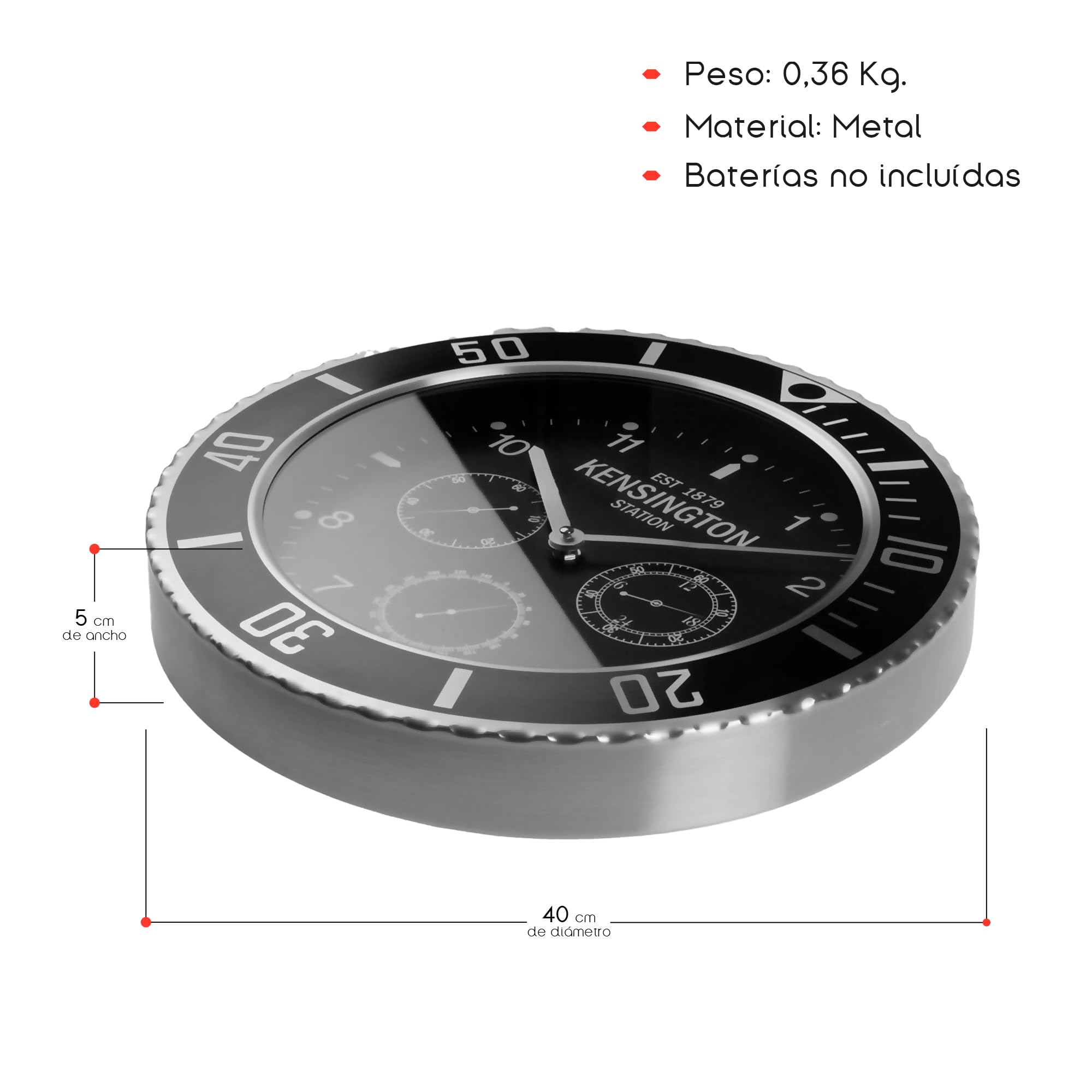TIENDA EURASIA – Reloj de Pared Moderno Redondo 40 cm | Silencioso | Reloj Analógico | Material: Metal | Funciona con Baterías | Ideal para la Cocina o el Salón