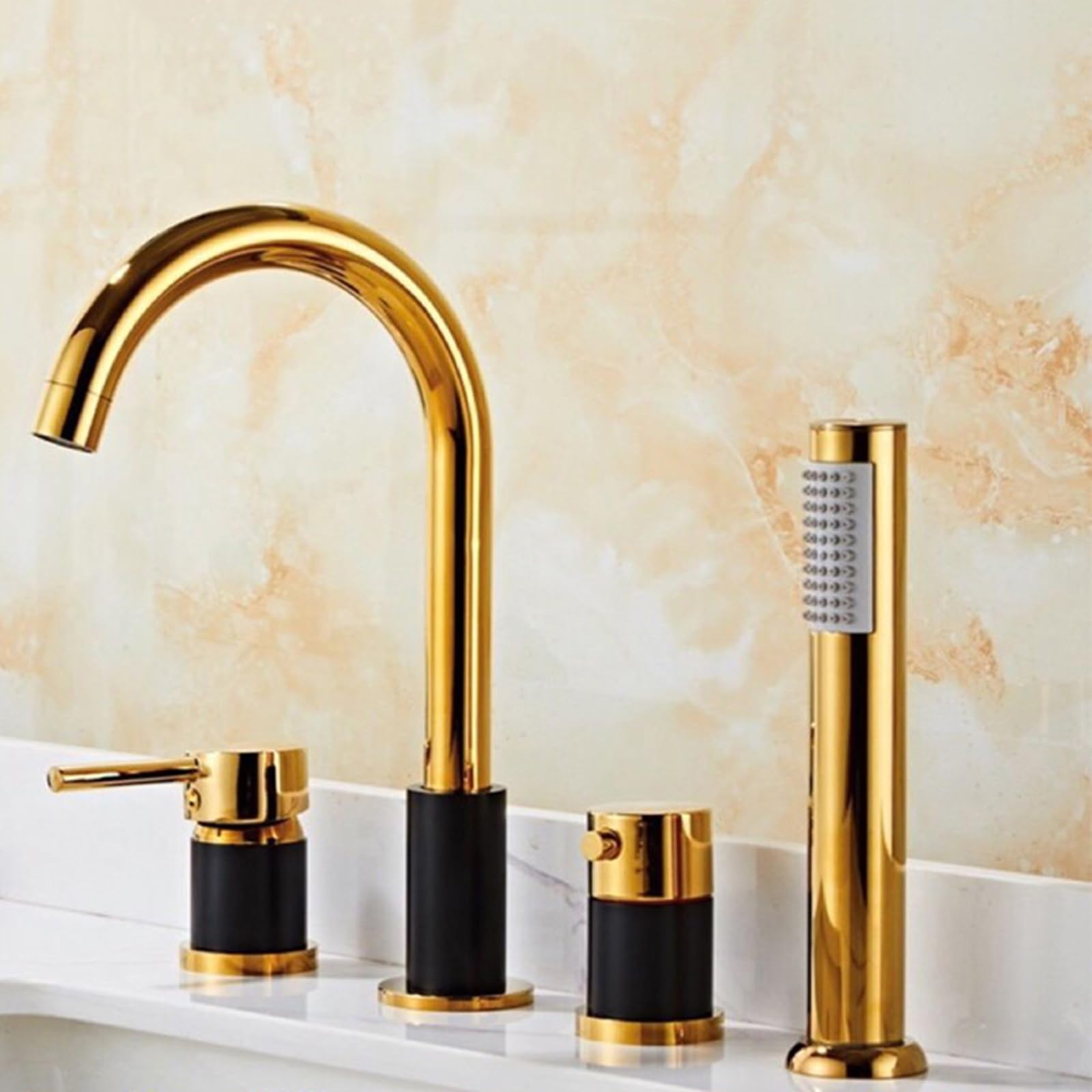 Mélangeur de Bain 4 Trous Or et Noir LWX avec Douchette à Levier Unique Élégant