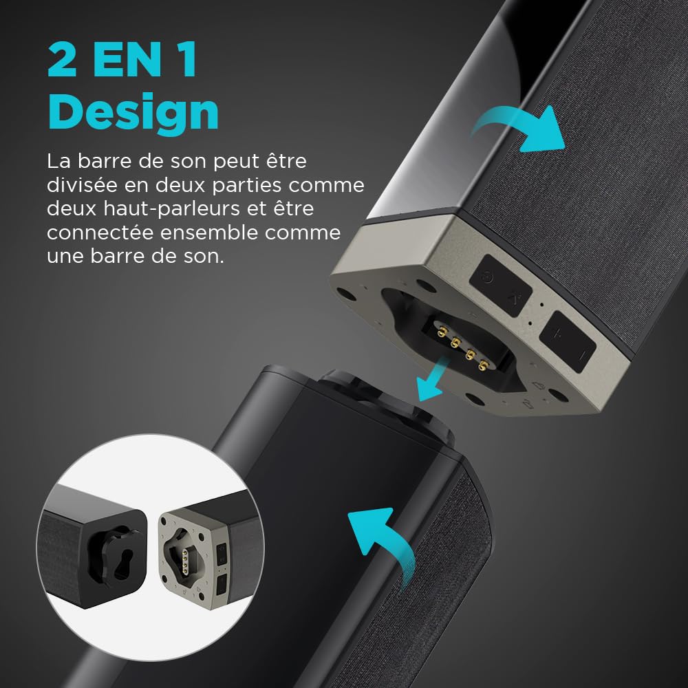 Barre de Son 2.0 canaux pour téléviseurs, Barre de Son 2 en 1 Divisible 32 Pouces pour TV Barre de Son Bluetooth avec 3 Modes EQ et Son Surround 3D, Barres de Son Arc/Optique/AUX, 1pcs