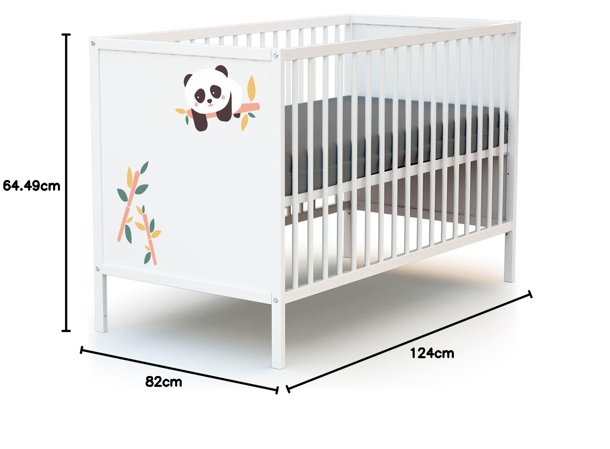 WEBABY - Łóżeczko panelowe 60x120 Panda Biała ALBA | 124 x 64,5 x 82 cm | Łóżko drewniane 100% lity buk | Regulowana podstawa łóżka na 3 wysokościach