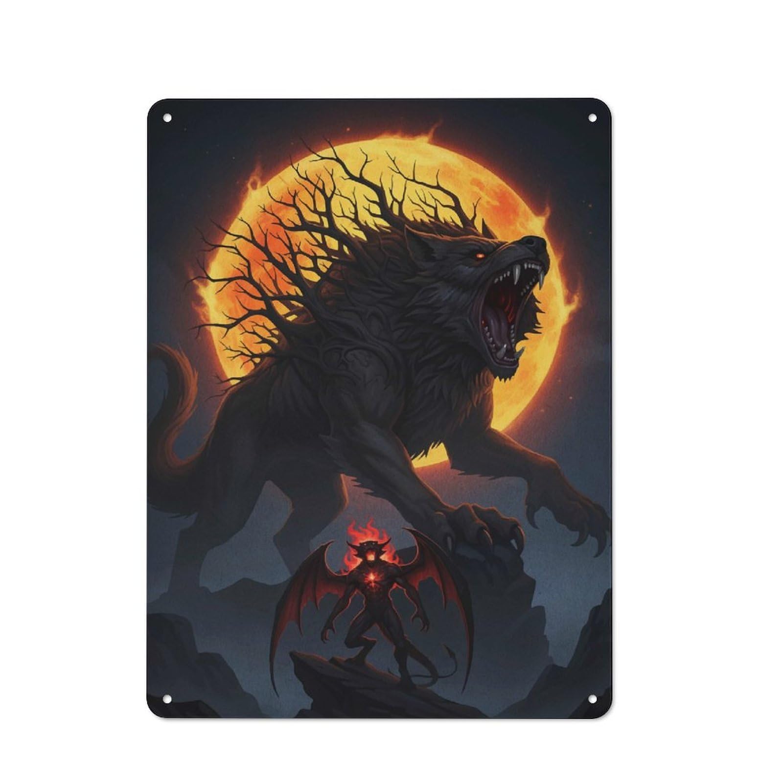 Junmoney Werewolf And Demon Under Fiery Moon Creative Metal Wall Decor 40X30cm, Metal Desk Wall Sign For Hobby Room, Office, Lounge Or Living Room