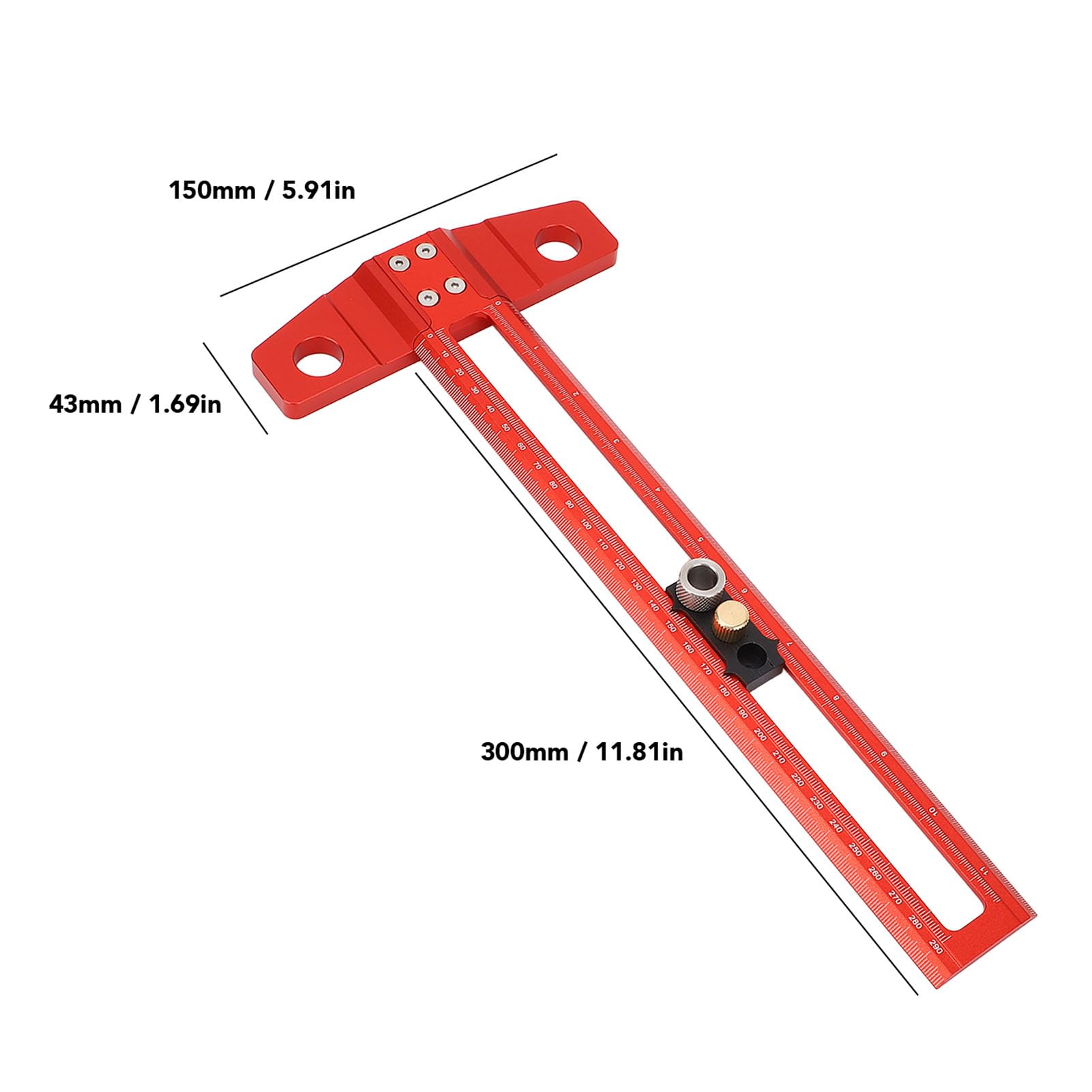 T-Quadrat-Lineal 30 cm, T-Typ-Markierungslineal mit Bohrhülsen, Holzbearbeitungslineal aus Aluminiumlegierung mit metrischer und Zoll-Skala, Bohrpositionierungshilfe für die