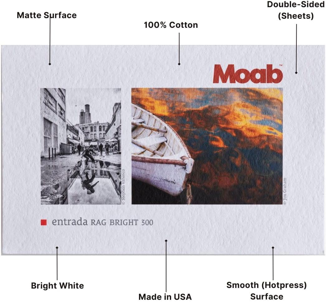 Moab Entrada Rag Bright 300, 100% Cotton Fine Art Archival Inkjet Paper, 2-Sided, Smooth (Hotpress) Bright White Matte, Heavy Weight 300gsm, 11 x 17 Inches, 25 Sheets (5X7)
