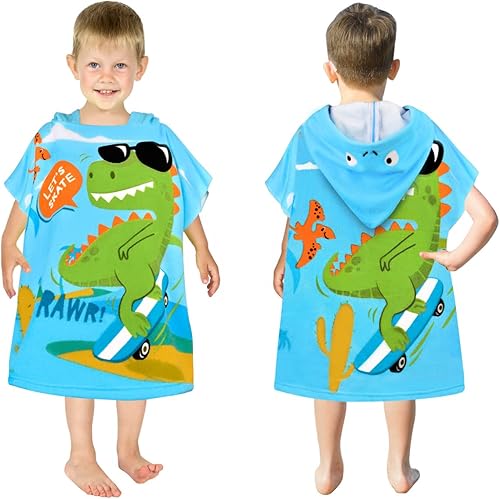 Miniatura 2 de HUANLANG Poncho de piscina y baño con capucha para niños, toalla de algodón súper suave y absorbente, toallas de playa de dinosaurio para niños de 0