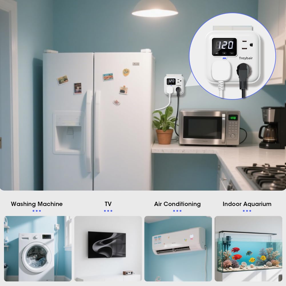 Protector de sobretensiones de 3 salidas con estabilizador de voltaje, protectores de sobretensiones de alimentación de 80 V-140 V para refrigerador, TV, computadora | visualización LED, ignífuga