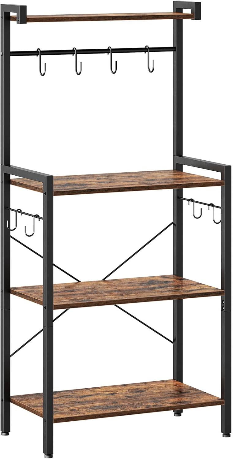 HOOBRO Kitchen Bakers Rack with Storage, 4 Tiers Coffee Bar Station, Microwave Stand with 8 S-Shaped Hooks, Kitchen Storage Shelf Rack for Small Spaces, Rustic Brown and Black BF04HB01 HOOBRO Kitchen Bakers Rack with Storage, 4 Tiers Coffee Bar Station, Microwave Stand with 8 S-Shaped Hooks, Kitchen Storage Shelf Rack for Small Spaces, Rustic Brown and Black BF04HB01