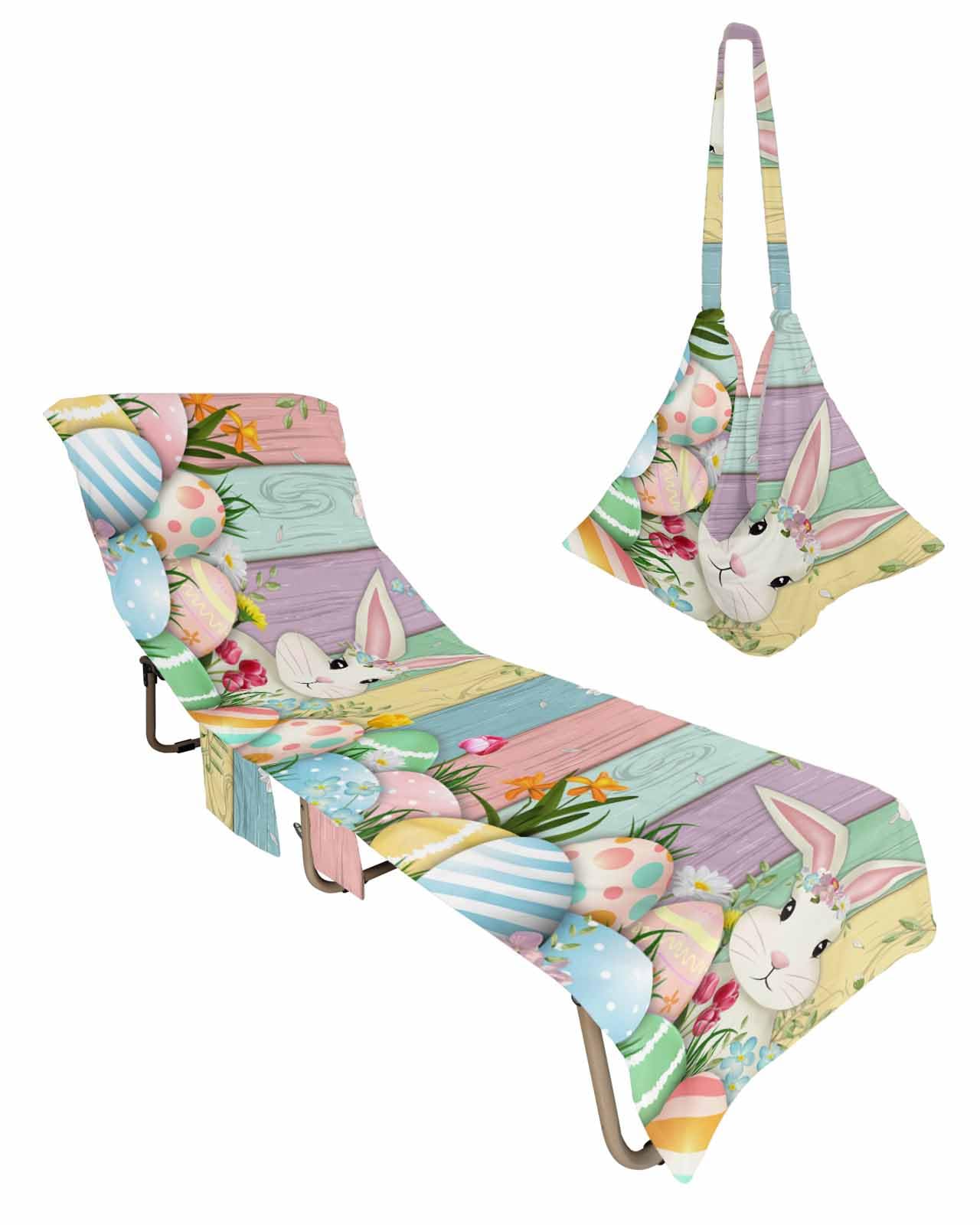 Easter Beach Chair Towel Covers for Chaise Lounge with Side Pocket, Soft Plush Pool Towels Cover for Patio Sunbathing Outdoor 29''x85'' Egg Bunny Daisy Eucalyptus Colorful Wood Grain
