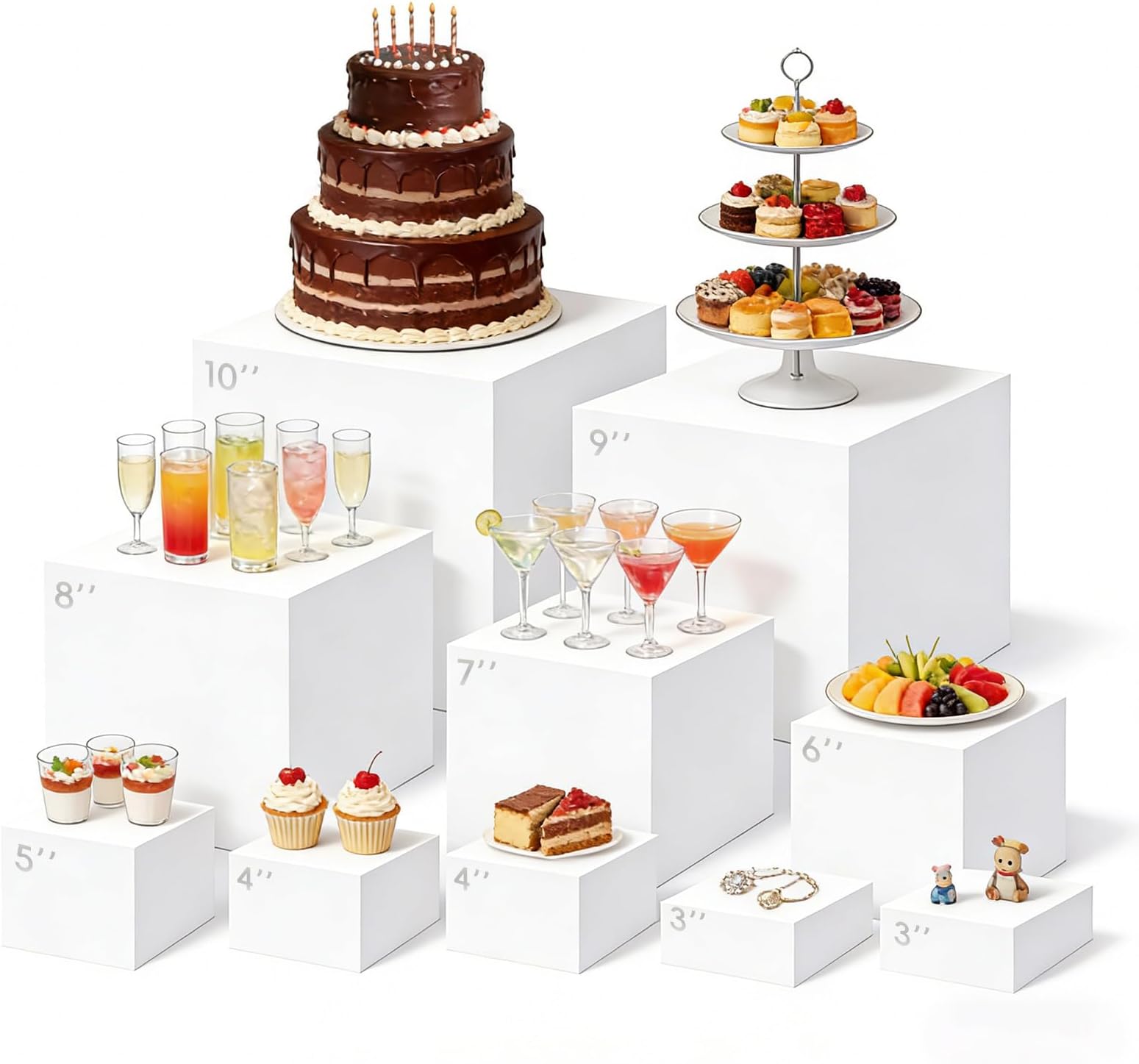 10pcs Buffet Risers,Dessert Table Display Set,WhiteBuffet Risers,Acrylic Boxes For DisplayWhite,Catering Supplies Buffet Display,Cube Boxes NestingRisers,Big Size(10"-9"-8"-7"-6"-5"-4"-4"-3"-3")