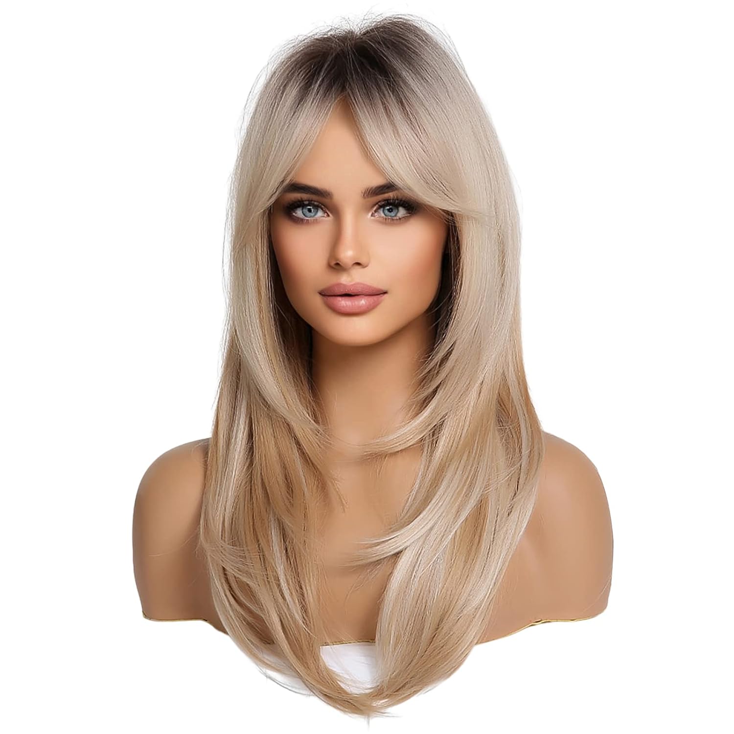 HAIRCUBE Long Blonde Wigs for Women, Layered Synthetic Hair Wig with Dark Roots for Daily Party - Image 3