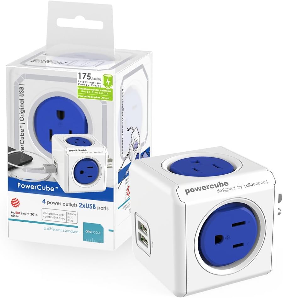 [New Version] PowerCube 4 Outlets Dual USB Port Surge Protector Wall Adapter Power Strip with Resettable Fuse, Cobalt Blue