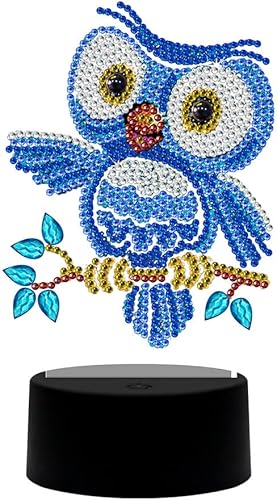 pigpigboss Lámpara de noche con pintura de diamante de búho, lámpara de noche de pintura de diamante 5D, 7 colores, luz LED, kit de arte de pintura
