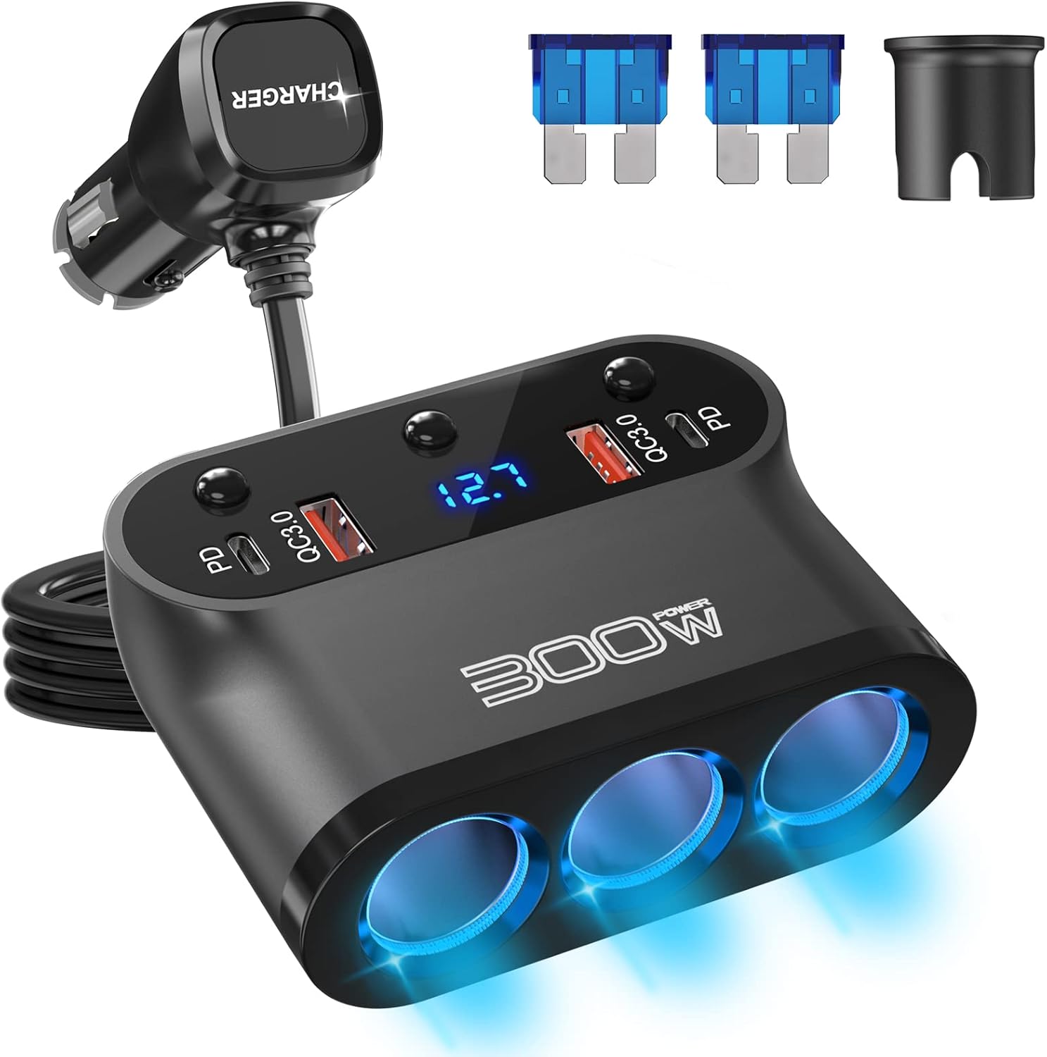 PD 65W Cigarette Lighter Splitter for Laptop: 200W USB C 12V Car Charger Socket Adapter, 12 Volt DC Plug Multi Way Auto Power Outlet with Dual Type C Port for MacBook/iPad/iPhone Samsung GPS Dash Cam