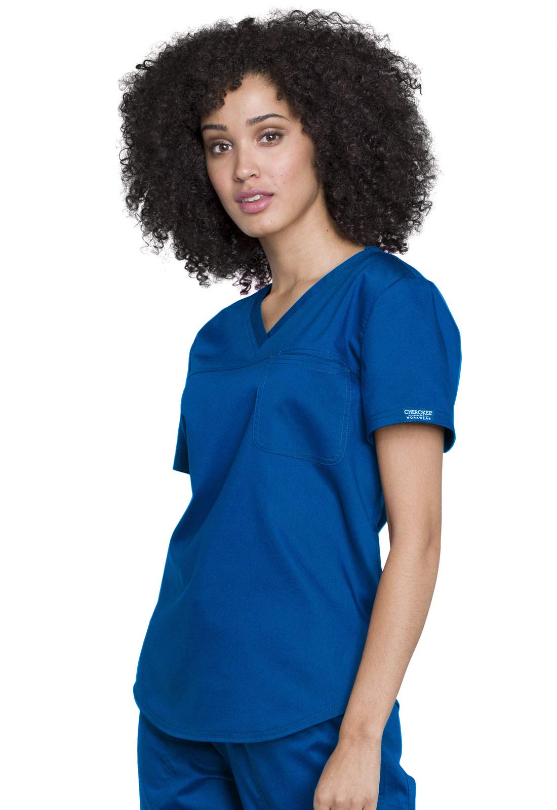 Cherokee Conjunto de uniforme médico para mujer con cuello en V, WW657 con pantalón médico de tiro medio y pierna cónica con cordón, WW105, azul rey - L parte superior / pantalón alto L