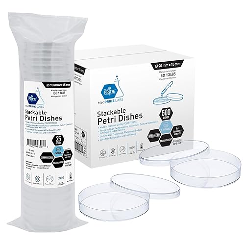 MED PRIDE Platos Petri apilables Paquete de 25 Placas Petri estériles con tapas, 3.543 in x 0.591 in Placas Petri de laboratorio para ciencia,