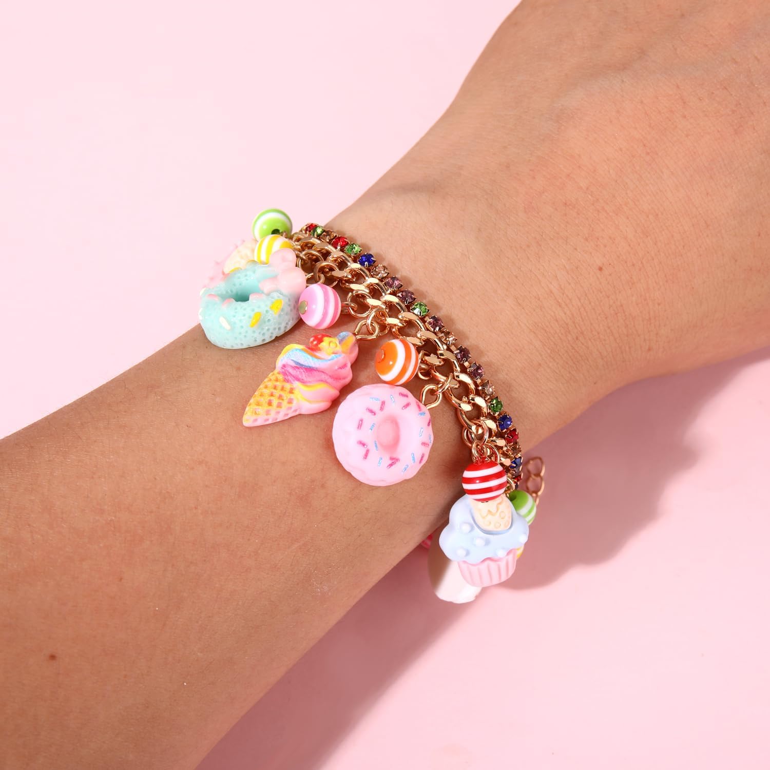 Donut Bracelet for Women Novelty Colorful Crystal Beads Sweet Dessert Donut Cake Charms Bracelets Funny Cute Food Friendship Bangle Bracelets Holiday Birthday Party Wrist Jewelry Gift