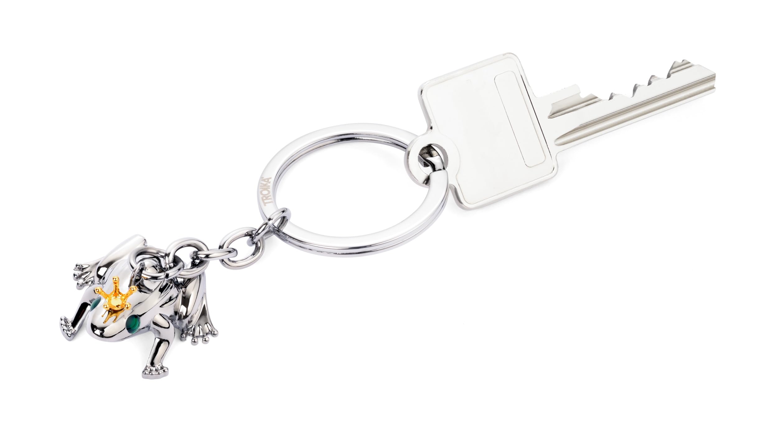 TROIKA Breloczek do kluczy z żabą z koroną – FROSCHKÖNIG – odlew metalowy – chromowany – srebrny, złoty, zielony – oryginalny, srebrny, 7,8 x 3,5 x 2 cm