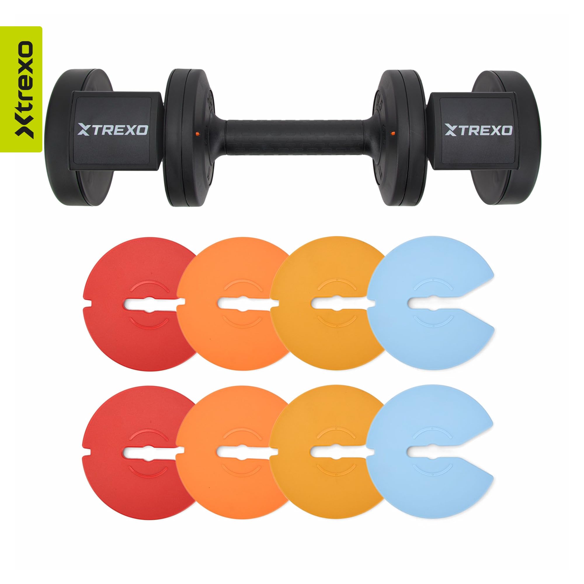 TREXO Multicolor - Mancuernas ajustables de 11,5 kg, de acero con mango antideslizante, ideal para el entrenamiento de fuerza en casa y en el gimnasio, mancuernas ajustables con base estable