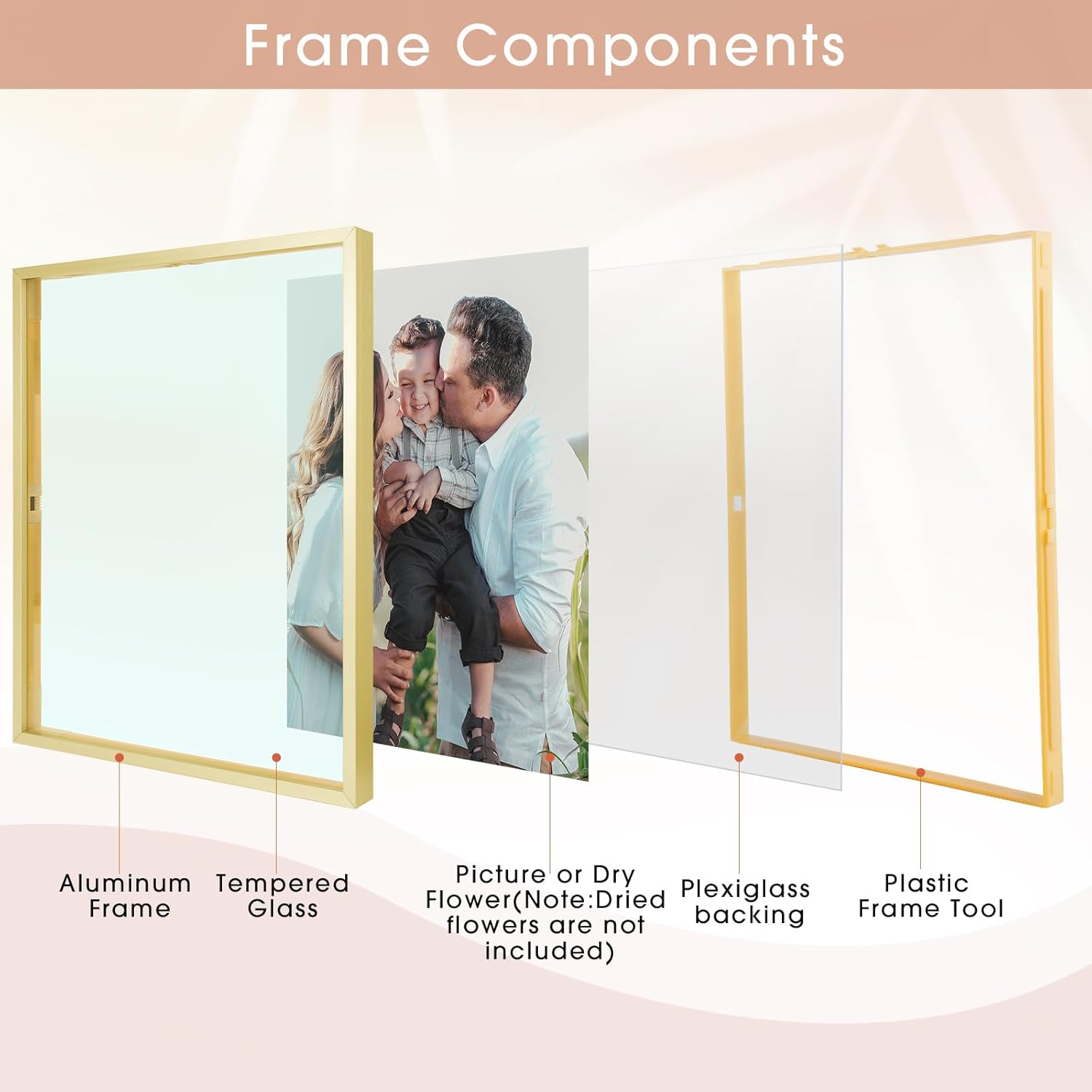 Golden State Art, 11x14 Floating Frame, Gold Aluminum Picture Frame, Clear Glass Displays Any Size Photo up to 11 by 14, Home Gallery Wall Decoration, Display Horizontal and Vertical