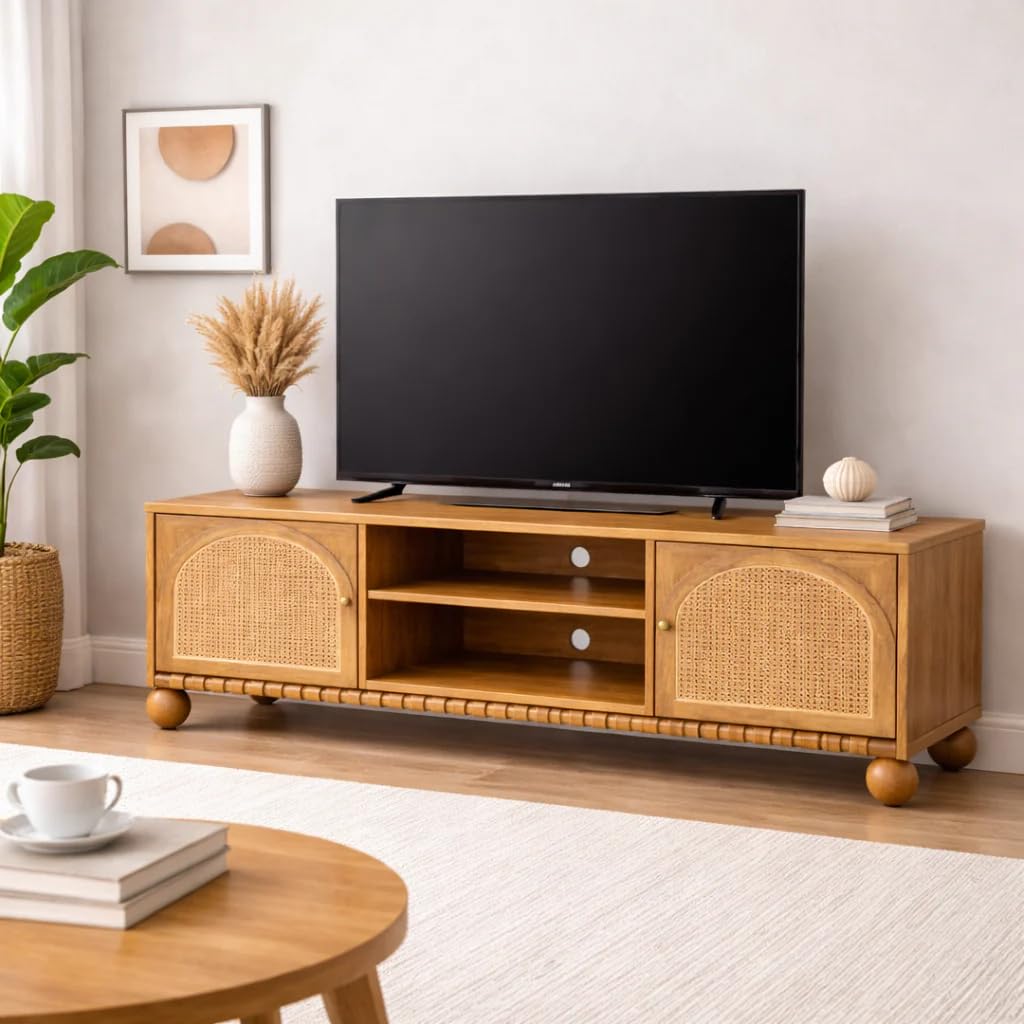 Rattan Arched Wooden TV Stand for Living Room | Mango Wood Tv Unit with Cane Doors Storage Cabinet & Shelves | Modern TV Stand Media Console Furniture for Hall-image-36