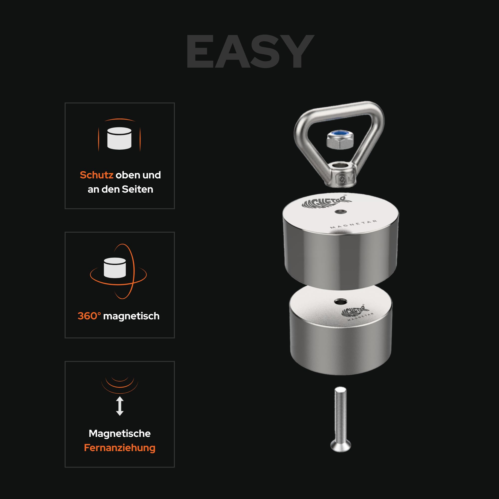 Magnetar - Magnetfischen Set - Allround 280kg Bergemagnet - Magnetangel Paket mit Haken/Seil/Handschuhen/Schutzhülle/Kleber - 360 Angelmagnet zum Magnet fischen