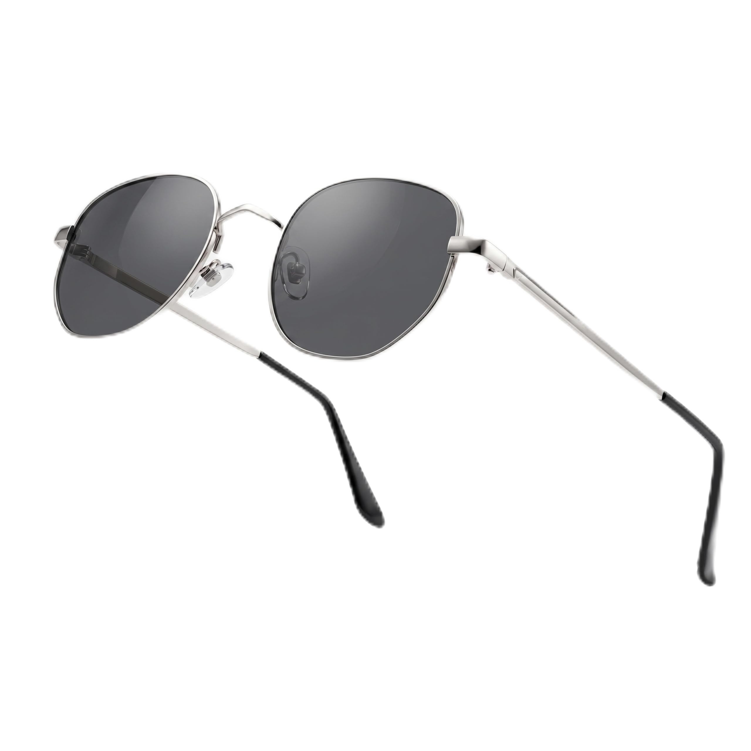 Round Polarised Sunglasses with Silver Metal Frame, Black Lens-image-8