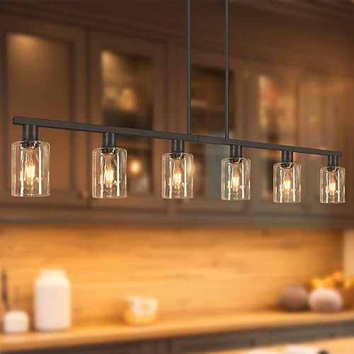 Miniatura 17 de DSMJFU Candelabro Rectangular Negro Estilo Granja para Comedor, Lámpara Colgante Lineal de 5 Luces, Lámpara de Isla de Cocina Rectangular Sobre