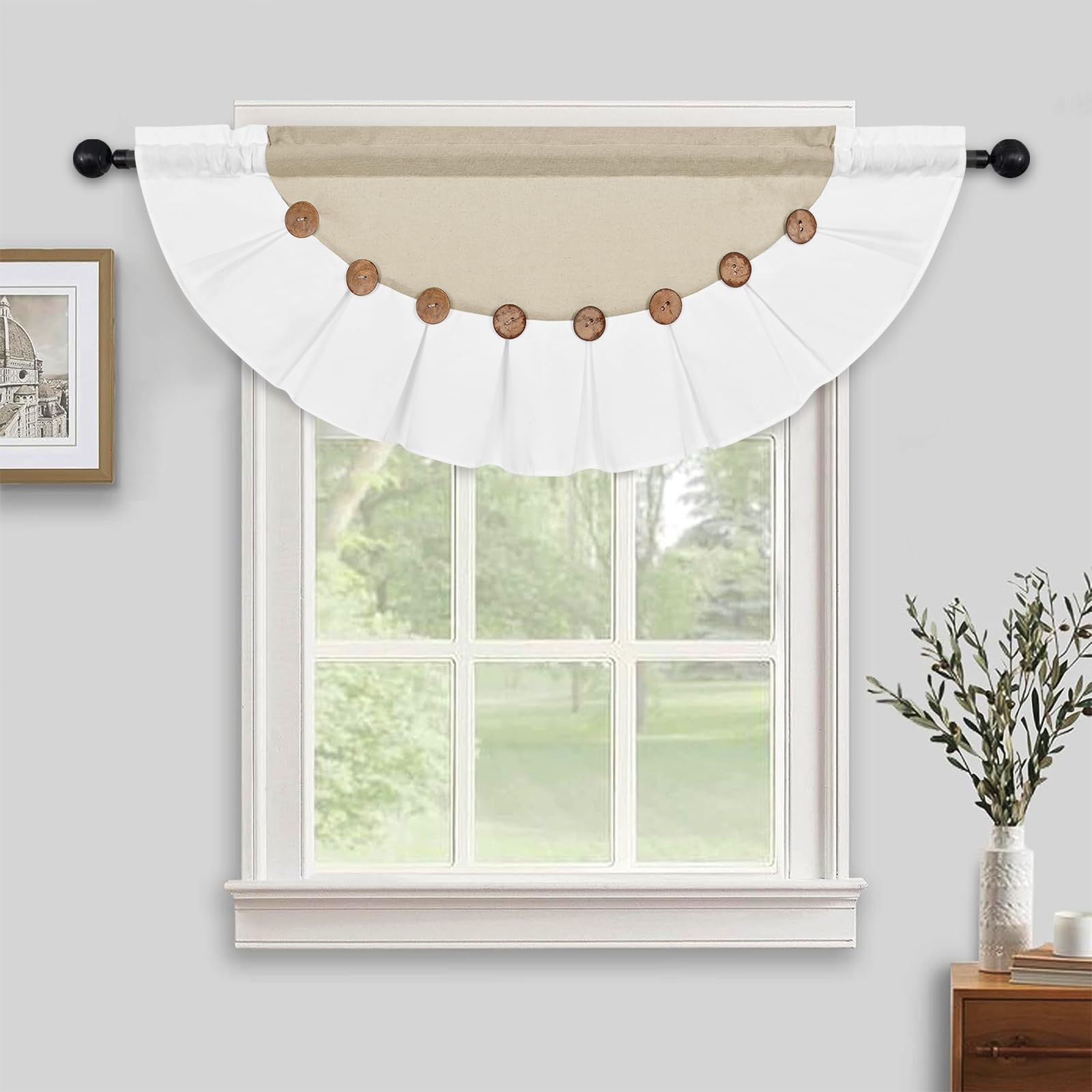 FRAMICS Farmhouse Valance Curtains, Boho Cotton Linen Kitchen Valance, Rustic Button Window Valances, Country Rod Pocket Valances for Windows Bedroom,
