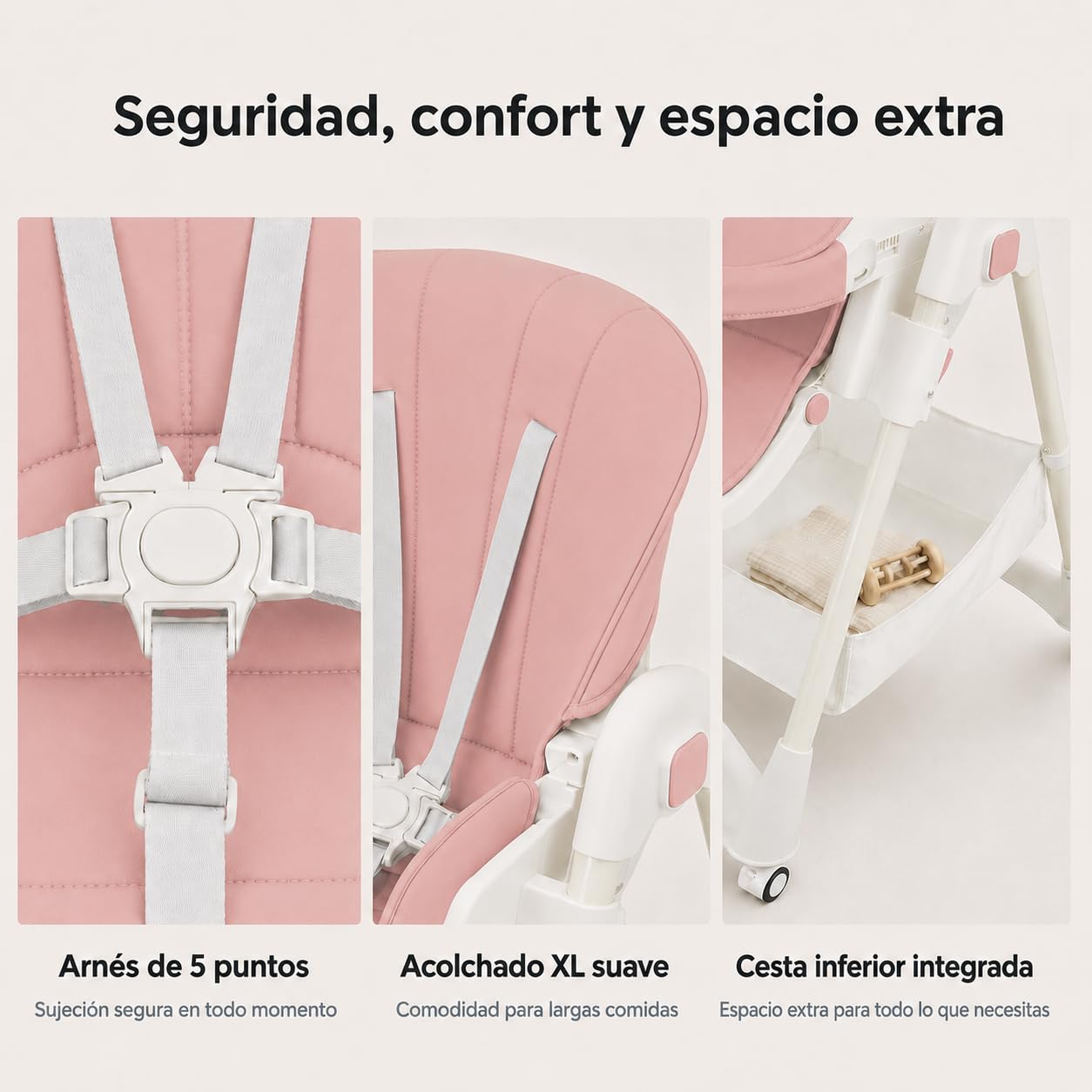 ALMAR Baby Trona de bebe evolutiva, plegable, elevable y reclinable con bandeja extraible color Rosa