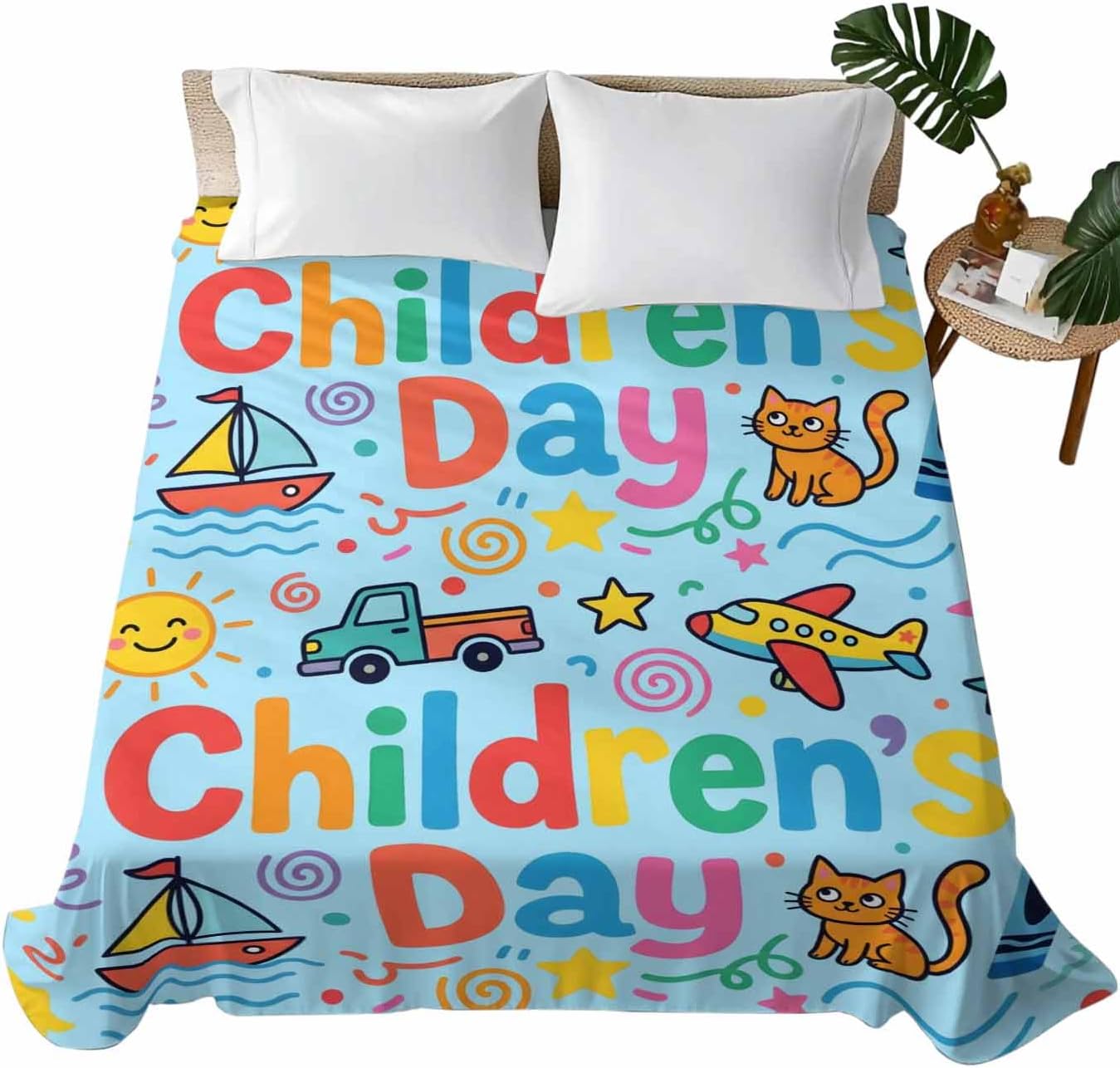Full Flat Sheet, Children's Day Full Bed Sheets Only, Soft Microfiber Flat Sheet, Cartoon Cute Watercolor Truck Cat Blue Hotel Quality Bedding Top Sheet Bedroom Home Dorm Decor