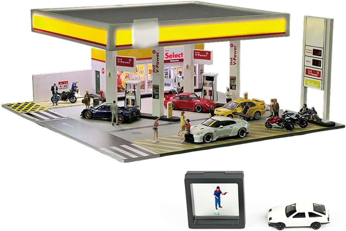 1/64 Scale Shell Gas Station Building Scene Model, Highly Detailed Miniature Diorama Without Cars Not Included, Gas Station for Car Collection