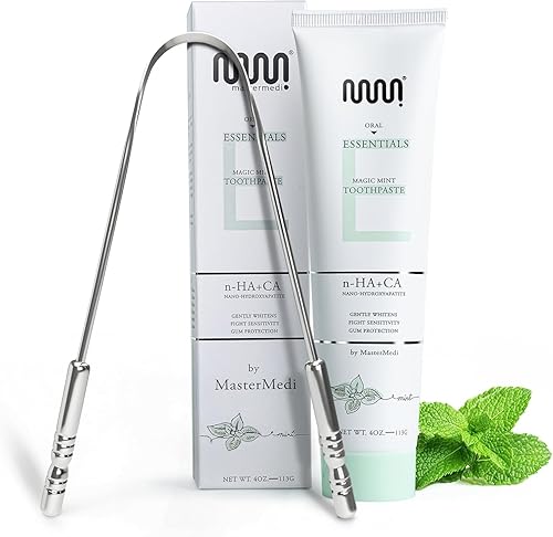MasterMedi Pasta de dientes natural y raspador de lengua, esenciales orales, sin flúor con nanohidroxiapatita, dientes sensibles y blanqueamiento,
