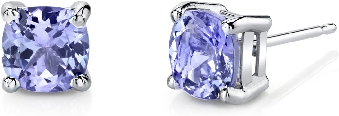 Peora 14K White Gold Tanzanite Stud Earrings for Women, Genuine Gemstone, Hypoallergenic, AAA Grade, Cushion Cut 6mm, 2 Carats total, Friction Back, Dainty Studs