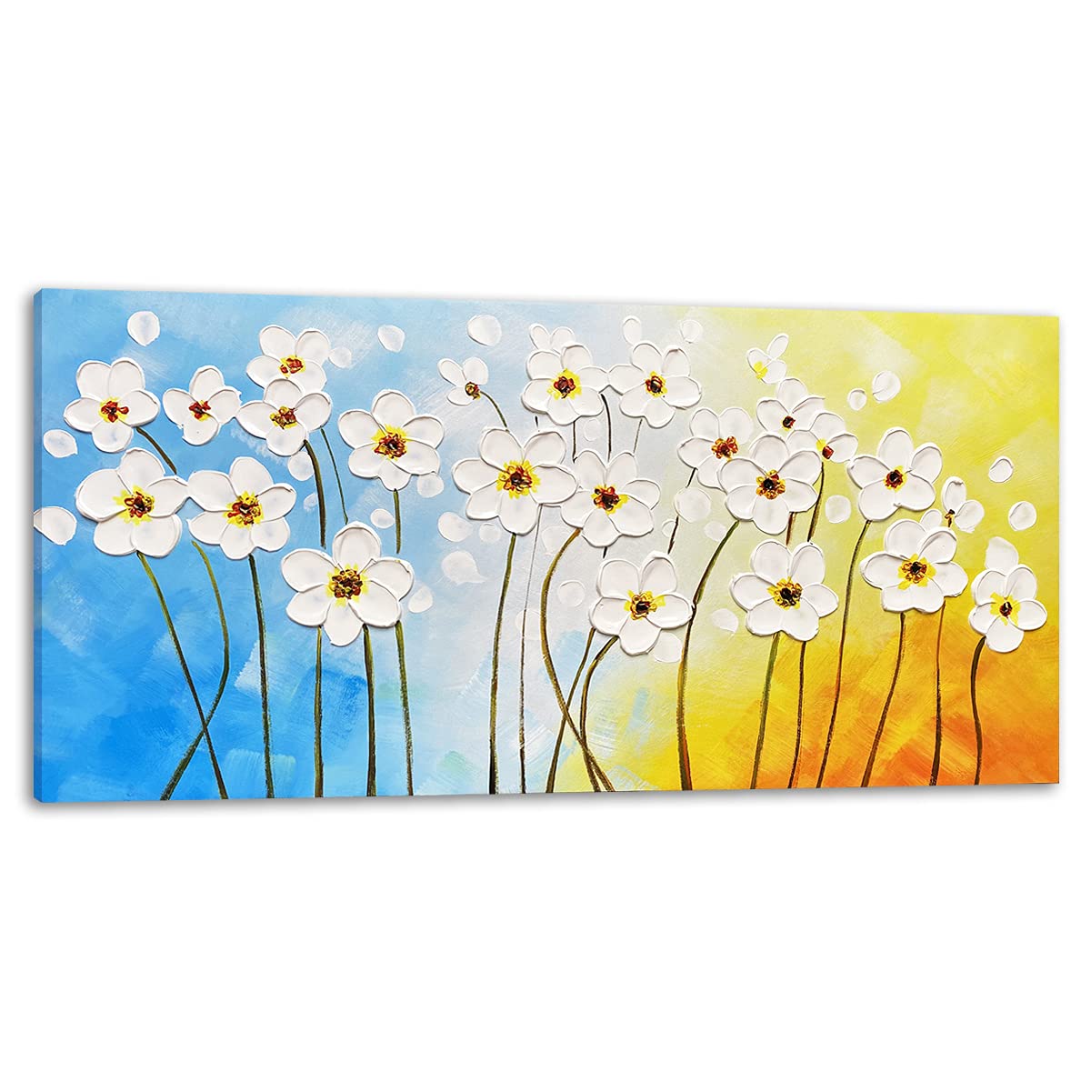 Muzagroo Art Hand Painted Dancing White Flowers Pallet Knife Oil Painting with Raised Texture on Canvas Modern Floral Wall Art for Living Room Bedroom Decor Ready to Hang