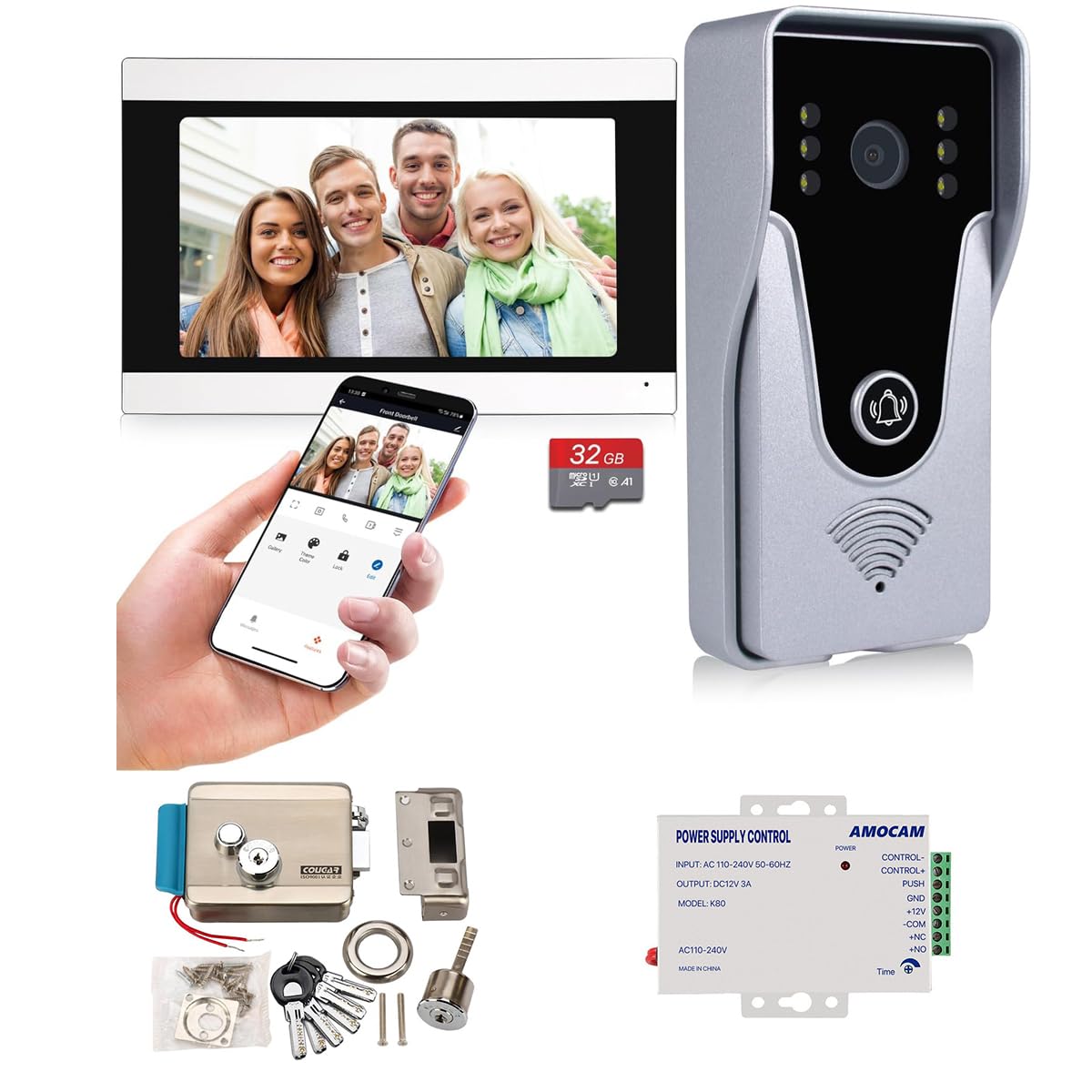 AMOCAM WiFi Video Intercom System + K80 Power Supply Control + [Upgrade Version] Electric Electronic Door Lock Bundles