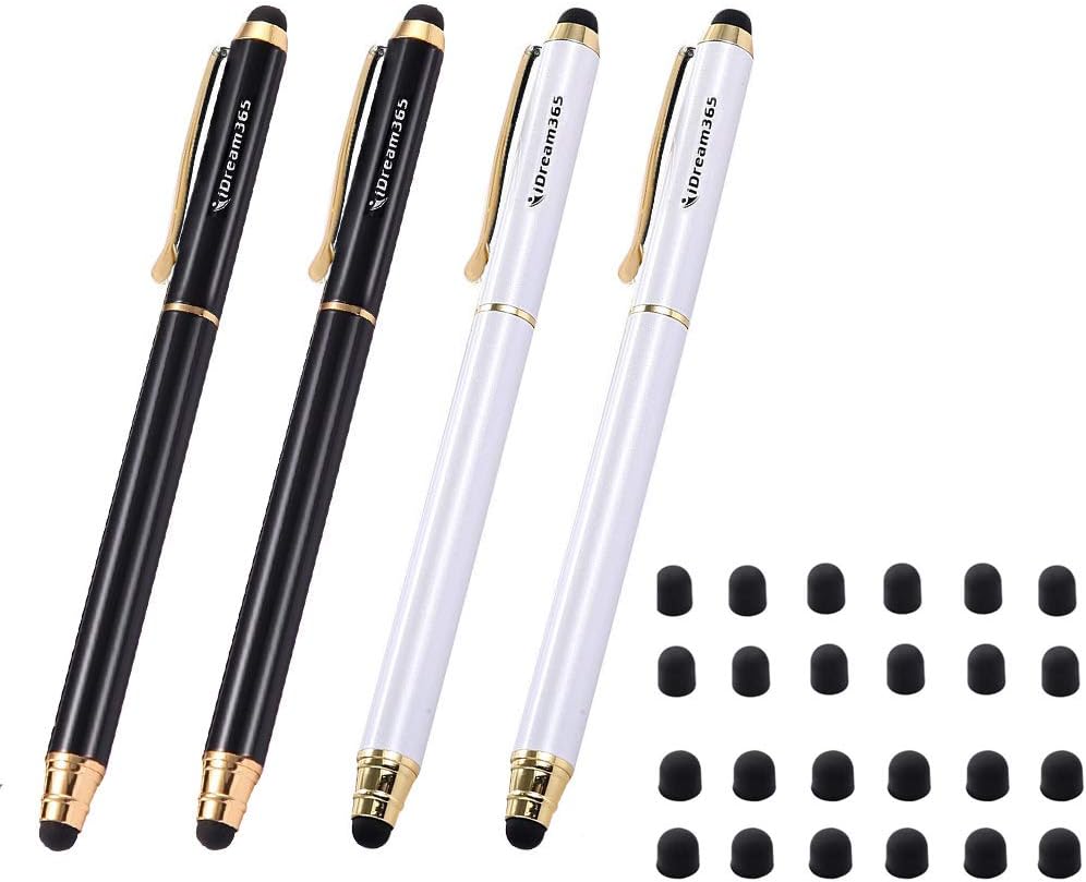 iDream365 3-in-1 Universal Touch Stylus Pen for All Touch Screens Smartphones,Tablets PC+24 Rubber Tips(Pack of 4)-2 Black/Gold,2 Pearl White