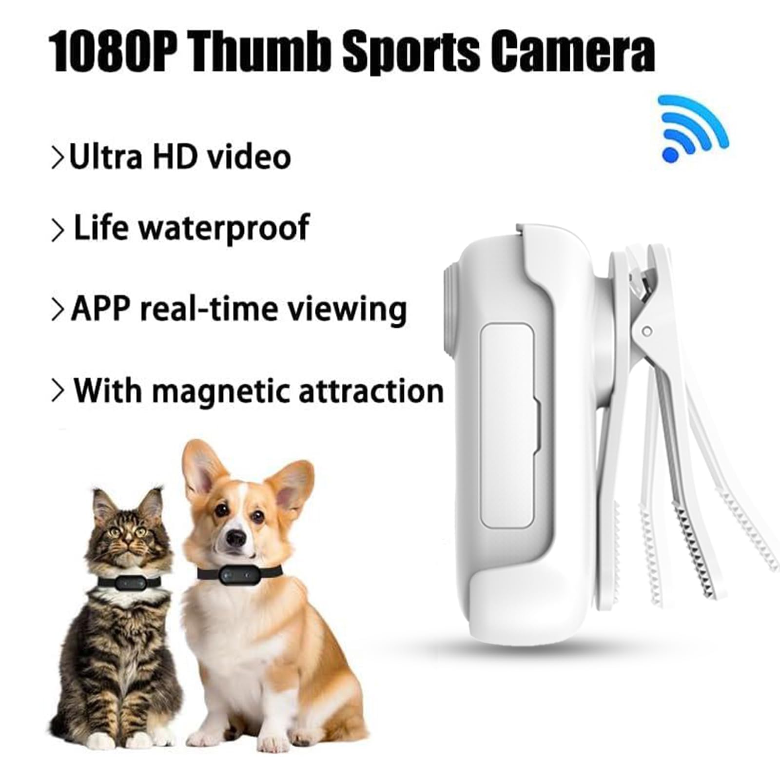 Mini Caméra Sport 1080P WiFi Action Cam IP68 Étanche 30M, Objectif Grand Angle 120°, Mini Camera Vlog POV, 800 mAh, Caméra Portable Casque Moto/Vélo/Ski/Animaux Camera Embarquée Compacte （Blanc）