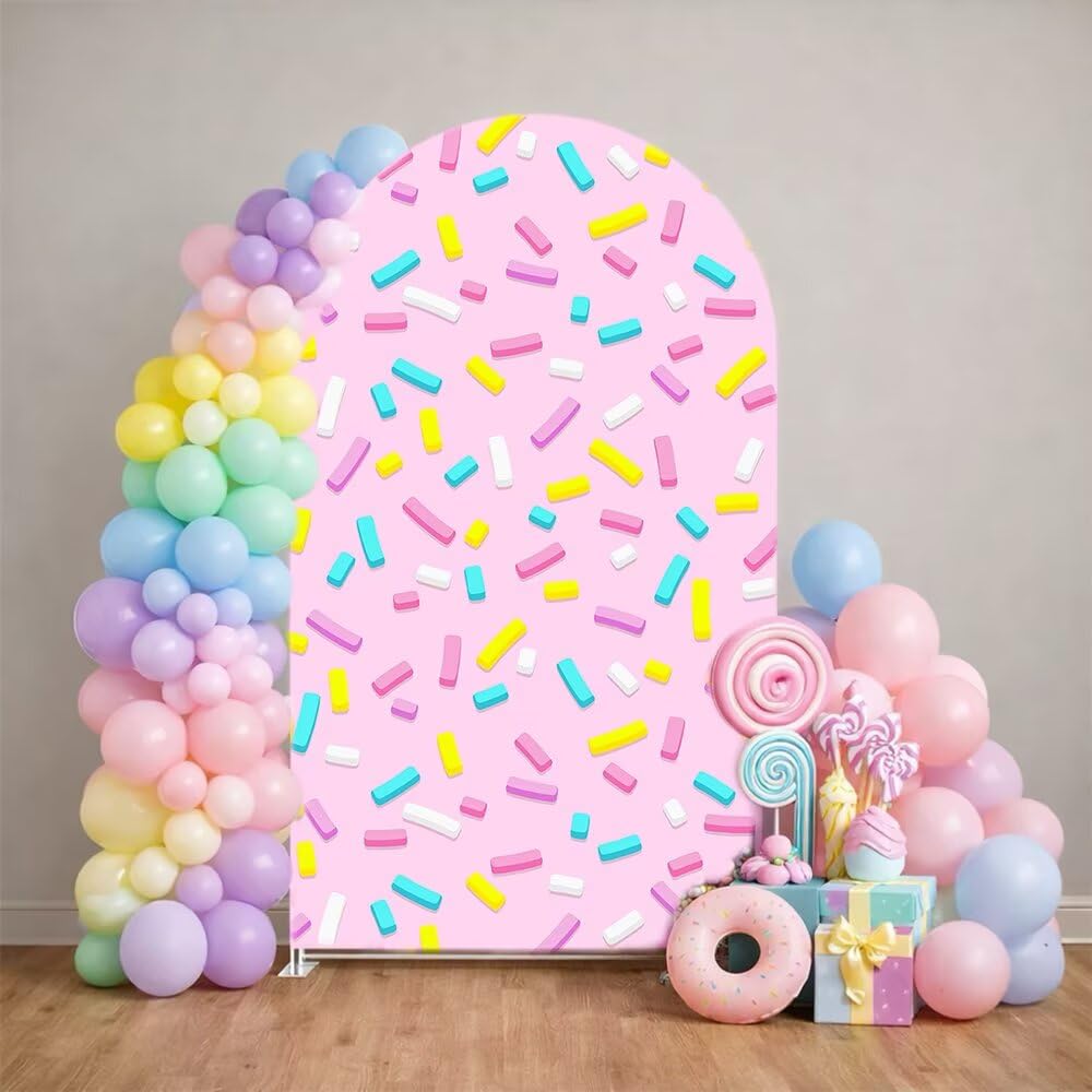 HISDH 2.6x6ft Arch Backdrop Covers Pink Donut Glaze Sprinkles Birthday Party Decorations 2-Sided Chiara Arched Spandex Fabric Cover for Baby Shower