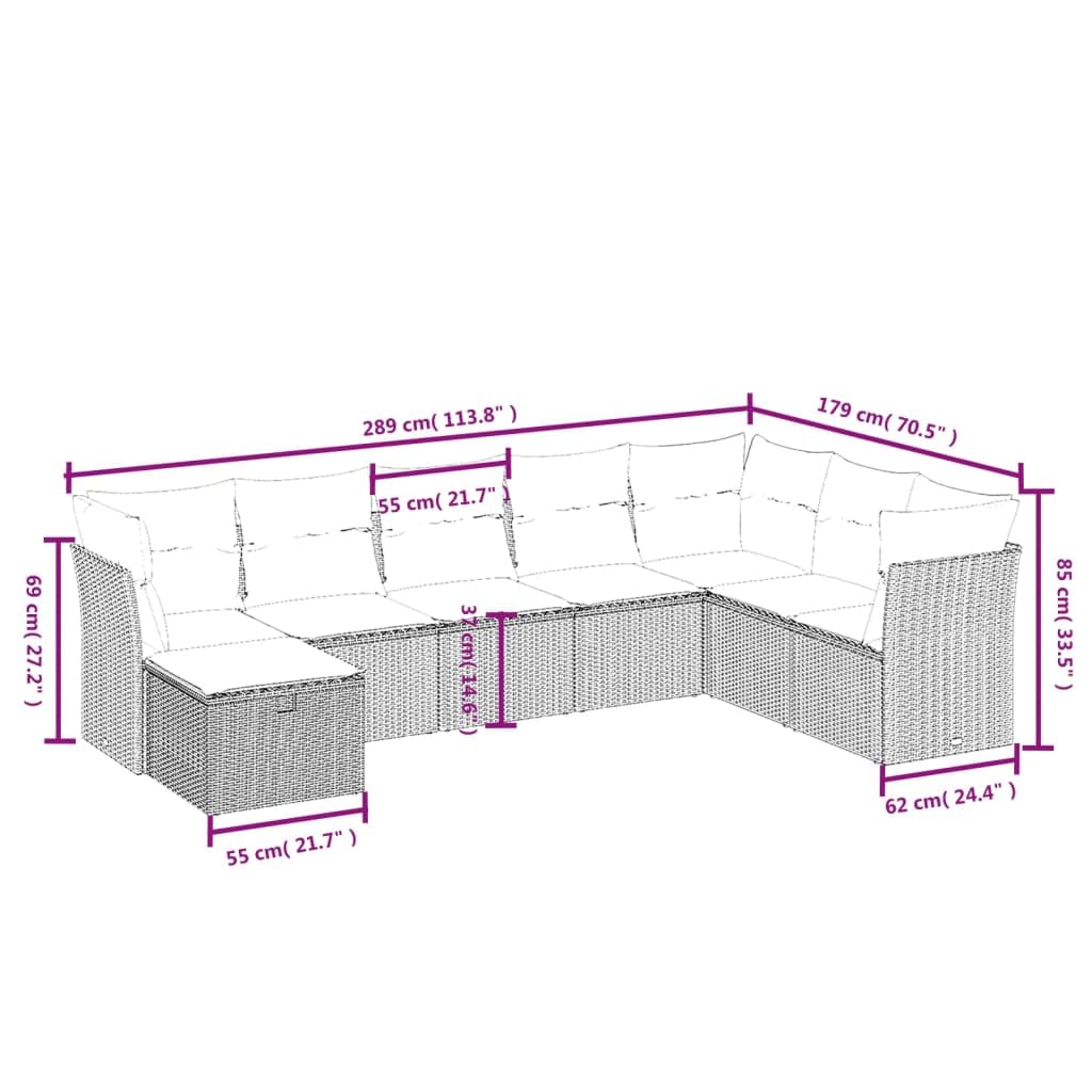 8-częściowy zestaw mebli ogrodowych, jasnoszary, polirattan, z poduszkami, modułowy zestaw mebli outdoorowych na taras, balkon, odporny na działanie promieni UV
